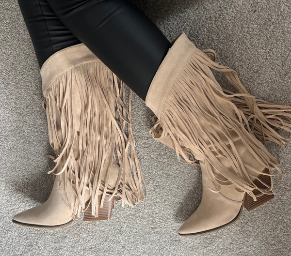 Beige tassel boots